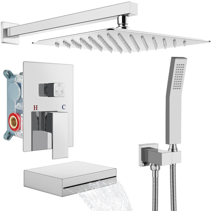 gotonovo Rain Shower Combo Set with Thick Waterfall Tub Spout,Square Rainfall Shower Head with Handheld Spray Wall Mounted Pressure Balance Rough-in Valve and Trim Included