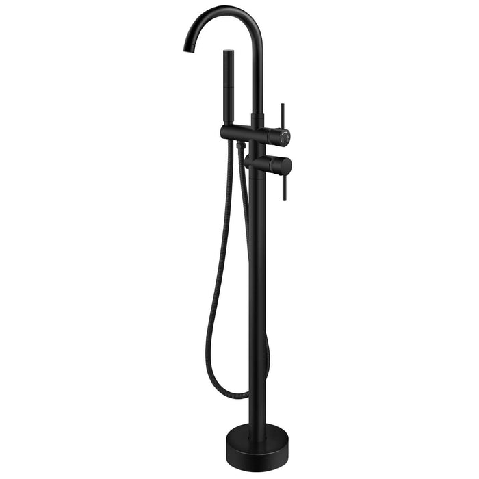 Gotonovo Freestanding Bathtub Faucet Solid Brass Black Floor Mount Tub Filler with Two Function Handheld 360 Degree Swivel Standing High Flow Spout Mixer Taps