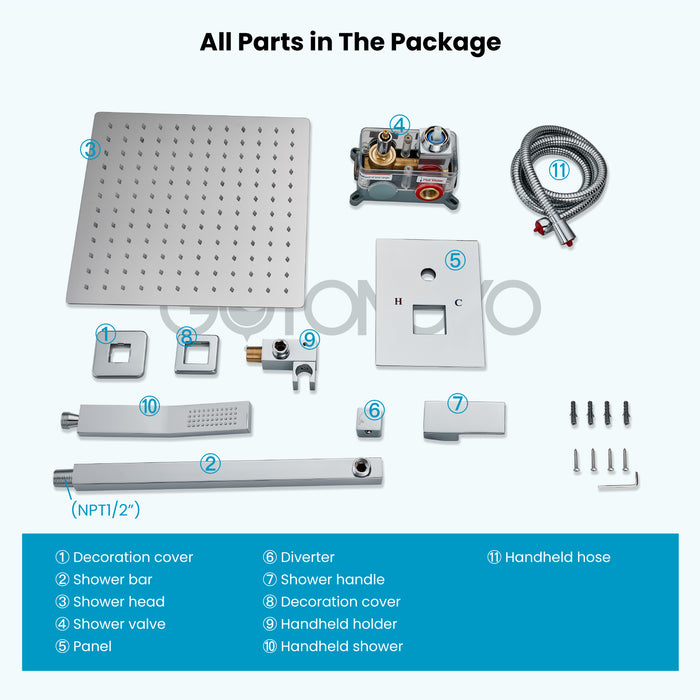 gotonovo Rain Shower Combo Set Wall Mounted  2-Function Rainfall Shower Head With Handheld Spray Rough-in Valve Body and Trim Included
