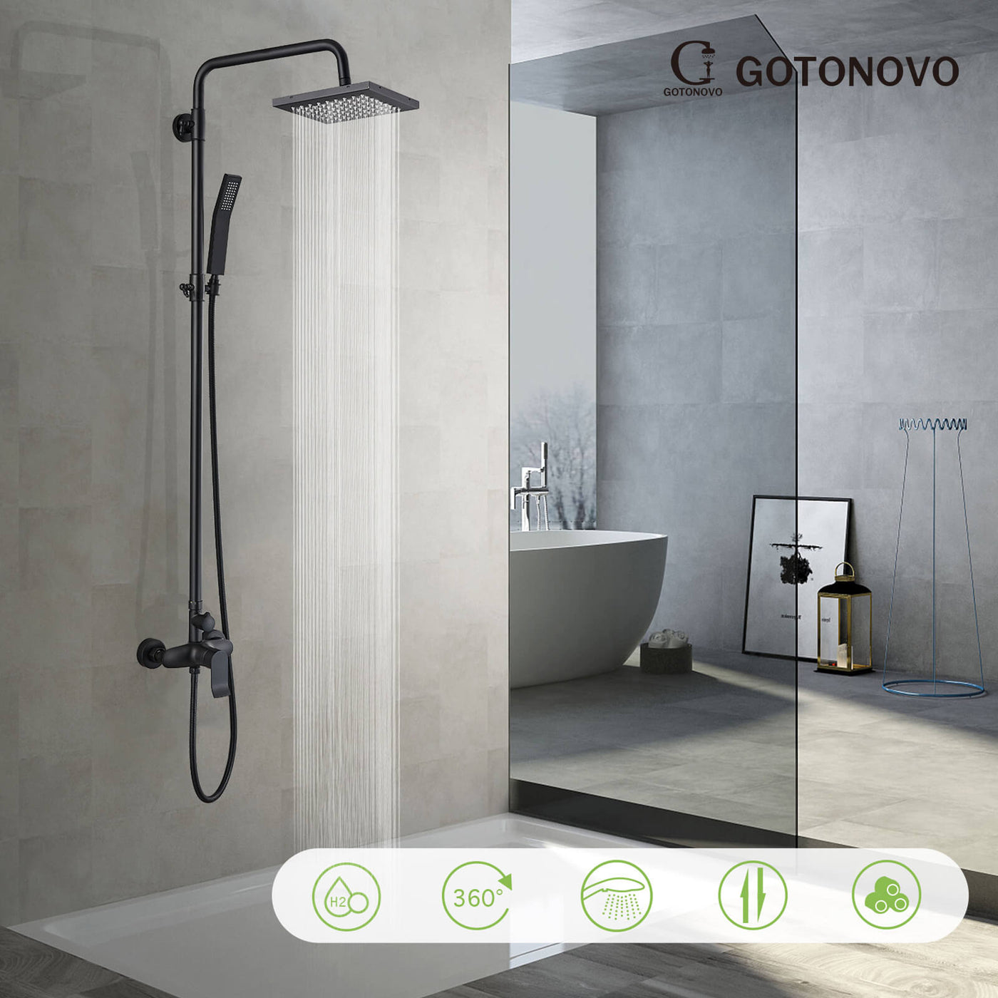 Gotonovo Exposed Shower System 8 Inch Square Swivel Rainfall Shower He