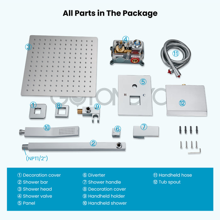 Gotonovo Rain Shower Combo Set with Waterfall Tub Spout, Square Rainfall Shower Head with Handheld Spray Pressure Balance Rough-in Valve and Trim Included