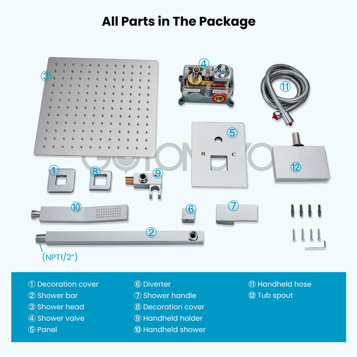 gotonovo Rain Shower Combo Set with Thick Waterfall Tub Spout,Square Rainfall Shower Head with Handheld Spray Wall Mounted Pressure Balance Rough-in Valve and Trim Included