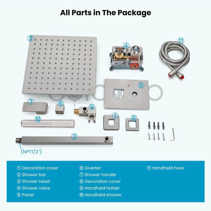 Gotonovo Rainfall Shower System Wall Mount Square Showerhead Shower Trim Kit 2 in 1 Cylindrical Handheld shower with Rough-in Valve