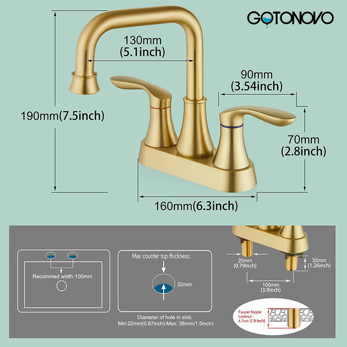 gotonovo draaibare uitloop 2 handgreep toilet badkamer wastafel kraan 4-inch centerset dek gemonteerde mengkraan met metalen pop-up afvoer overloop en kraantoevoerleidingen