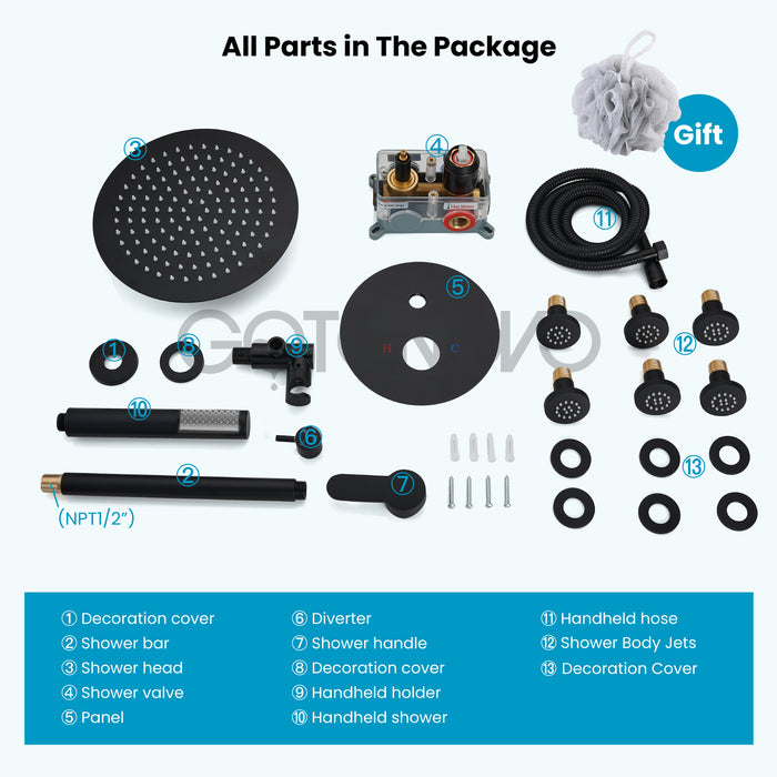 Gotonovo regendouche comboset Plafondgemonteerde matzwarte 30 cm ronde regendouchekop met bodysproeiers en messing Handdouche Drukbalans Inclusief ruw ventiel en trim 