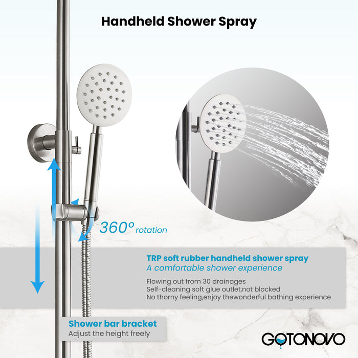 Gotonovo Exposed Shower System Wall Mount 8 inches Stainless Steel SUS304  Shower Head With Adjustable Hand Spray Triple Function Rainfall Shower