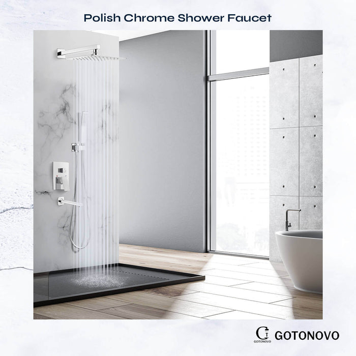 gotonovo Rainfall Shower System with Tub Spout Mixer Shower Combo Set 3 Function Wall Mounted Shower Head Handheld Shower Bathroom Luxury Rain Rough-in Valve Body and Trim Kit