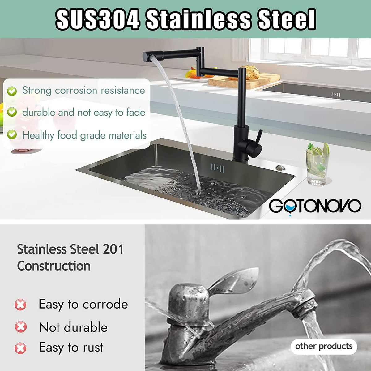 gotonovo Pot Filler Kitchen Faucet Stainless Steel SUS304 Two Cross Ha