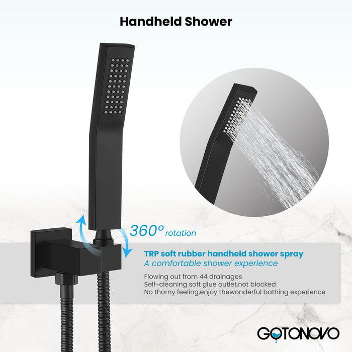 gotonovo Rain Shower Combo Set with Thick Waterfall Tub Spout,Square Rainfall Shower Head with Handheld Spray Wall Mounted Pressure Balance Rough-in Valve and Trim Included