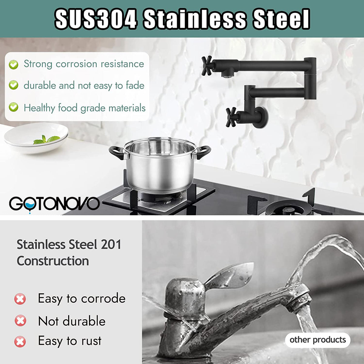 gotonovo Pot Filler Kitchen Faucet Stainless Steel SUS304 Two Cross Ha