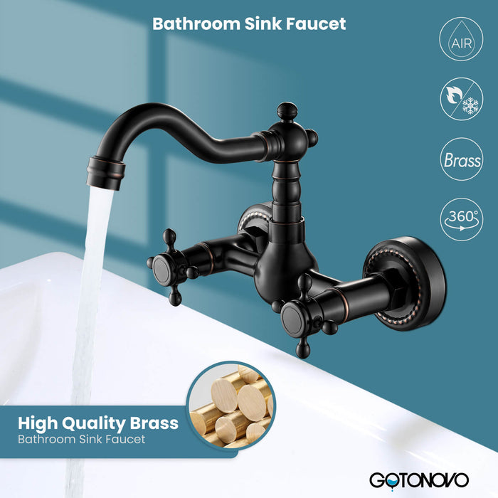 gotonovo Wall Mount Sink Faucet 6 Inch 2 Double Knobs Handle Vintage Kitchen Bathroom Mixer Tap