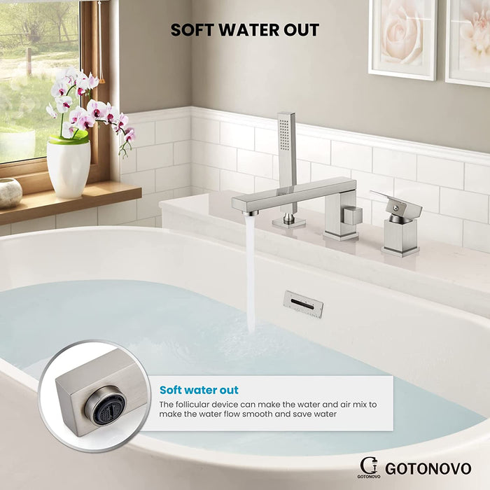 gotonovo Deck Mount Roman Tub Filler Faucet 3-Hole Single Handle Widespread Bathtub Faucet with Handheld Shower Bathroom Tub Faucet Set