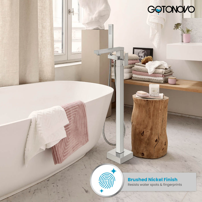 gotonovo Freestanding Bathtub Faucet Floor Mount Tub Filler Single Handle Brass Tap with Hand Shower and 360 Degree Swivel Spout