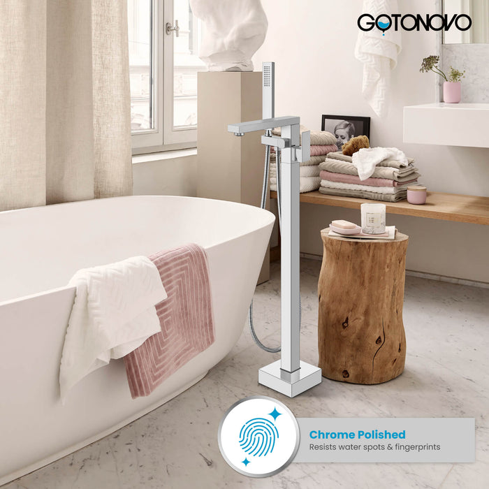 gotonovo Freestanding Bathtub Faucet Floor Mount Tub Filler Single Handle Brass Tap with Hand Shower and 360 Degree Swivel Spout