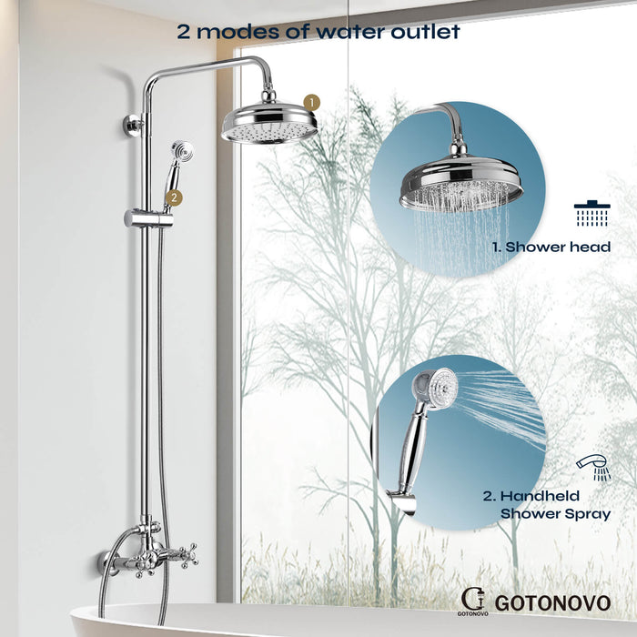 gotonovo Exposed Shower Fixture Set 8inch Rain Shower Head Double Knobs Cross Handle Dual Function Shower Faucet Combo Set