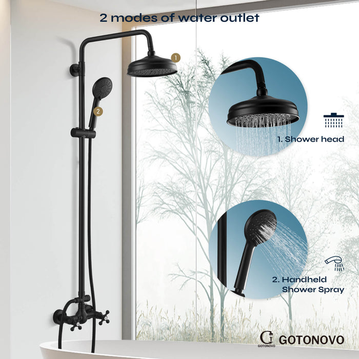 gotonovo Exposed Shower Fixture Set 8inch Rain Shower Head Double Knobs Cross Handle Dual Function Shower Faucet Combo Set