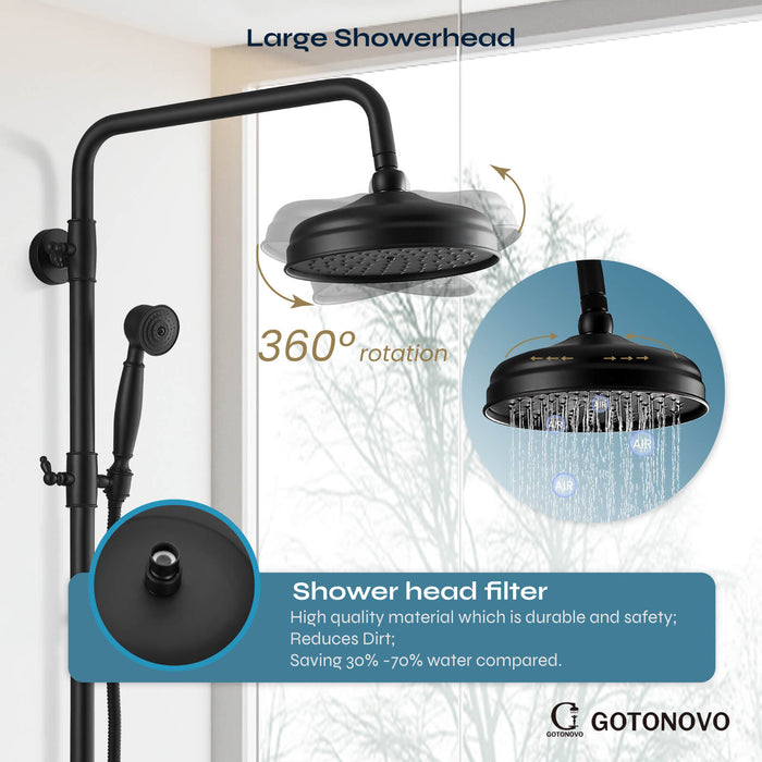 gotonovo Exposed Shower Fixture Set 8inch Rain Shower Head Double Knobs Cross Handle Dual Function Shower Faucet Combo Set