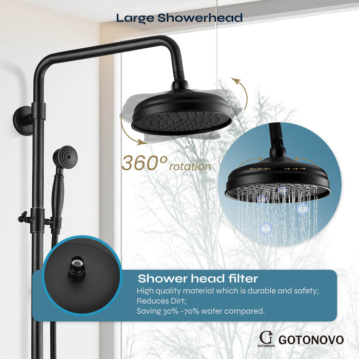 gotonovo Exposed Shower Fixture Set 8inch Rain Shower Head Double Knobs Cross Handle Dual Function Shower Faucet Combo Set