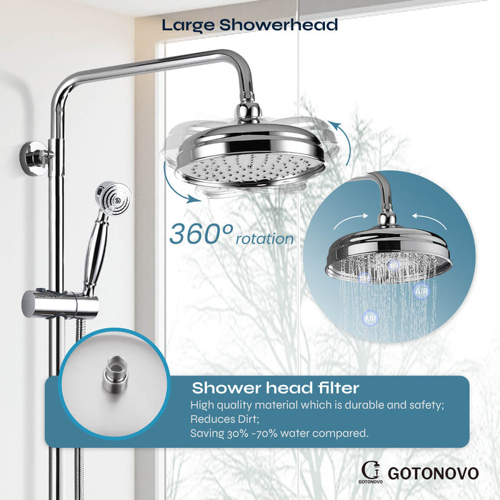 gotonovo Shower System Shower Faucet Set 8 Inch Round Rainfall Shower Head 360 rotable with Hand Sprayer Wall Mount Single Handle