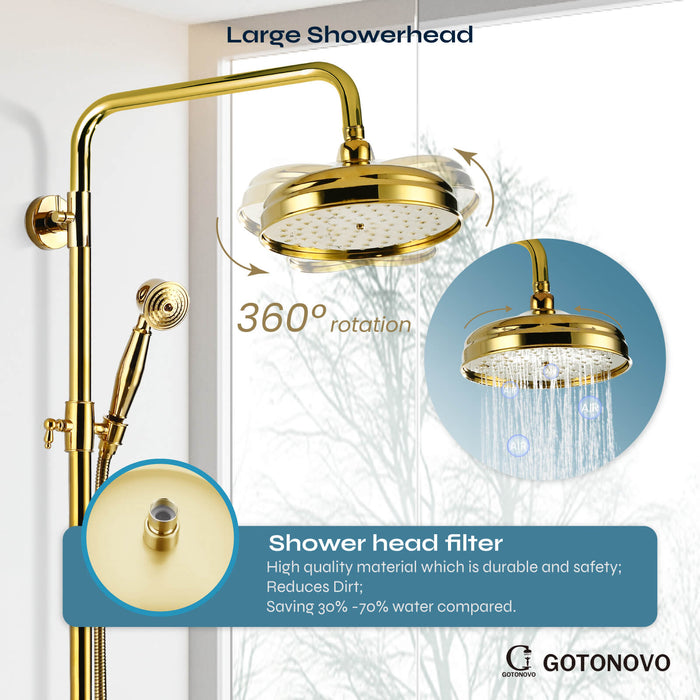 gotonovo Exposed Shower Fixture Set 8inch Rain Shower Head Double Knobs Cross Handle Dual Function Shower Faucet Combo Set