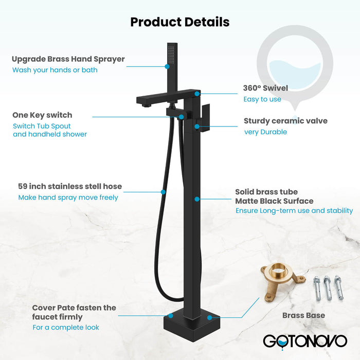 gotonovo Freestanding Bathtub Faucet Floor Mount Tub Filler Single Handle Brass Tap with Hand Shower and 360 Degree Swivel Spout