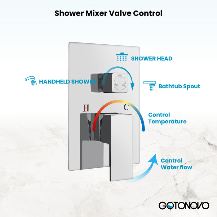 Gotonovo 12 inch Shower Faucet Set Ceiling Mount Triple Function Bathroom Shower System with Tub Spout High Pressure Square Rain Showerhead Hand Shower Balance Rough-In Valve