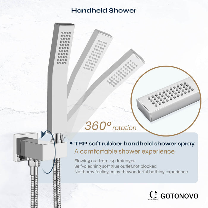 gotonovo Rainfall Shower System with Tub Spout Mixer Shower Combo Set 3 Function Wall Mounted Shower Head Handheld Shower Bathroom Luxury Rain Rough-in Valve Body and Trim Kit