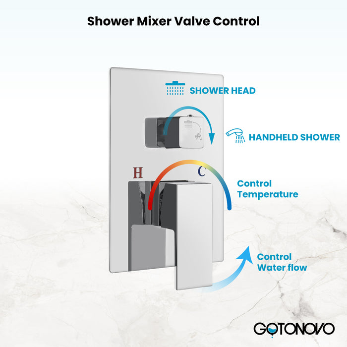 Gotonovo Rainfall Shower System Wall Mount Square Showerhead Shower Trim Kit 2 in 1 Cylindrical Handheld shower with Rough-in Valve