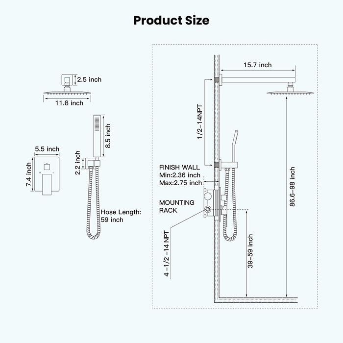 gotonovo Rain Shower Combo Set Wall Mounted  2-Function Rainfall Shower Head With Handheld Spray Rough-in Valve Body and Trim Included