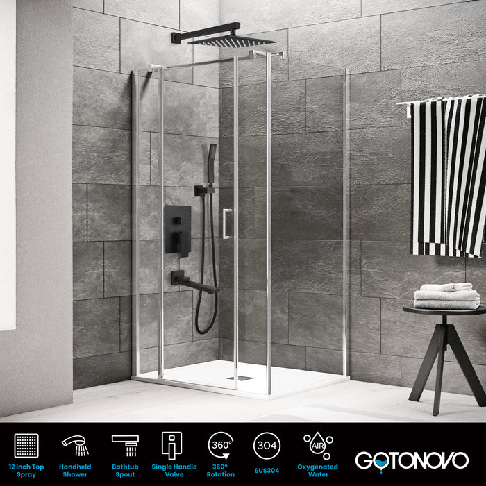 Gotonovo Rain Shower Combo Set Luxury 3-Function with Rotating Tub Spout,Square Rainfall Shower Head and Handheld Spray Rough-in Valve Body and Trim Included