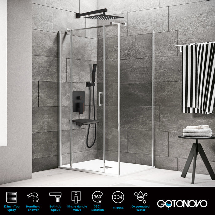 Gotonovo Rain Shower Combo Set with Waterfall Tub Spout, Square Rainfall Shower Head with Handheld Spray Pressure Balance Rough-in Valve and Trim Included