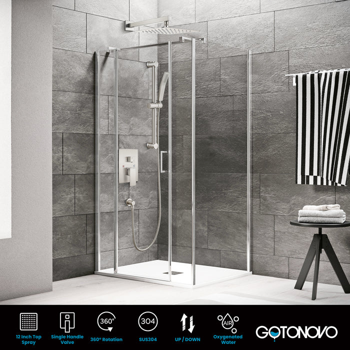 Gotonovo Rain Shower Combo Set Wall Mount 12 inch Square Rain Shower Head with Adjustable Angle Slide Bar Shower Trim Kit Pressure Balance Shower System Rough-in Valve and Trim Included