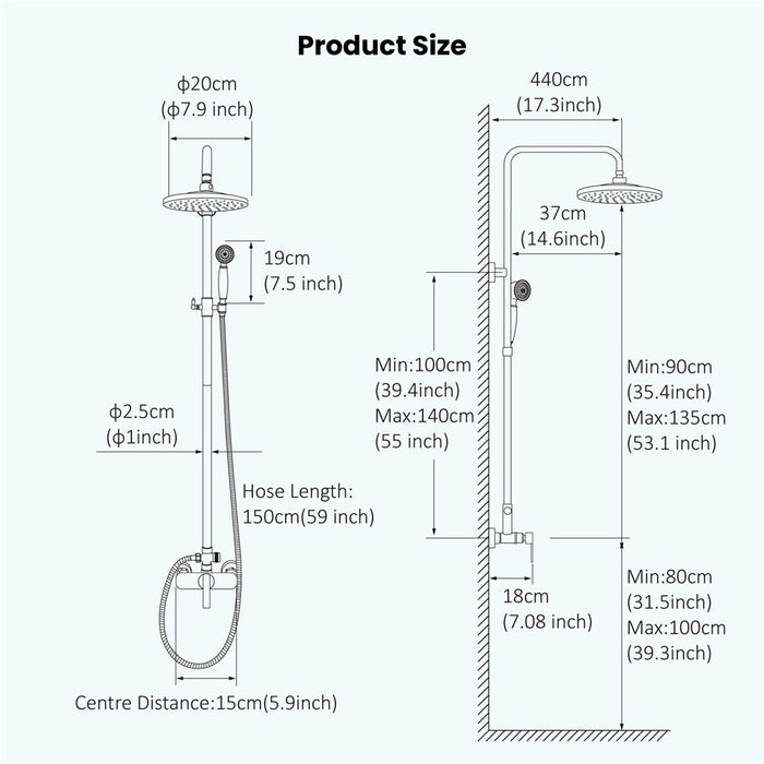 Gotonovo Oil Rubbed Bronze Exposed Pipe Shower System 8 Inch Rainfall Shower Head Brass Fixture Combo Set Single Handle with Handheld Sprayer Bathroom Shower Faucet Adjustable Showerhead Bar Dual Functions