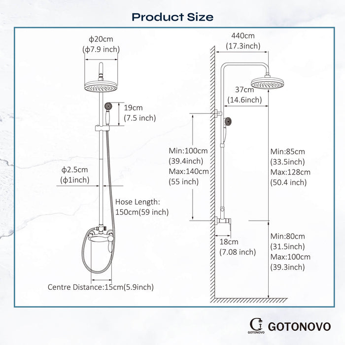 gotonovo Shower System Shower Faucet Set 8 Inch Round Rainfall Shower Head 360 rotable with Hand Sprayer Wall Mount Single Handle