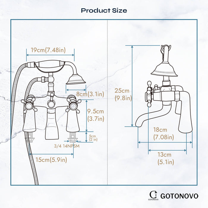 Gotonovo Badrandcombinaties Badkuipkraan Clawfoot met handdouche 6 inch Telefoonvormige sproeier Doucheheld dubbele kruisgreep 