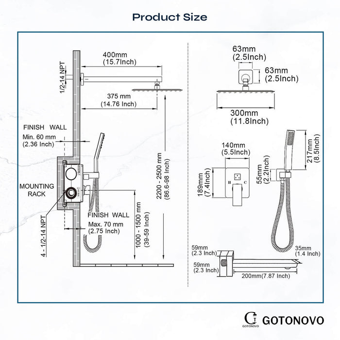 gotonovo Regendouchesysteem met baduitloop Mixer Douchecombinatieset 3 Functies Wandgemonteerde douchekop Handdouche Badkamer Luxe Rain Rough-in ventiellichaam en afwerkingsset 