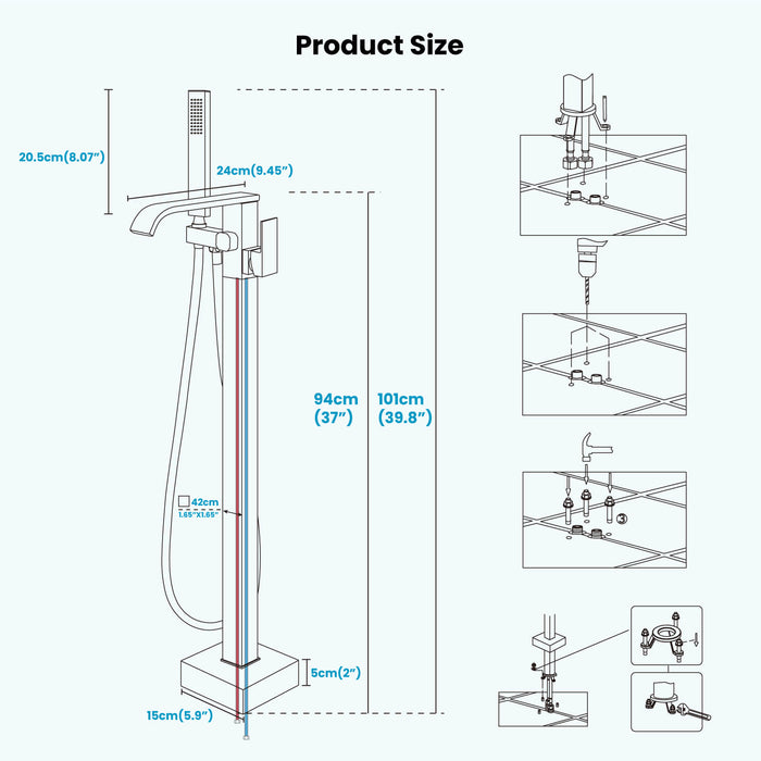 Gotonovo Waterfall Freestanding Bathtub Faucet Floor Mount Tub Filler Single Handle Brass Tap with Hand Shower and 360 Degree Swivel Spout