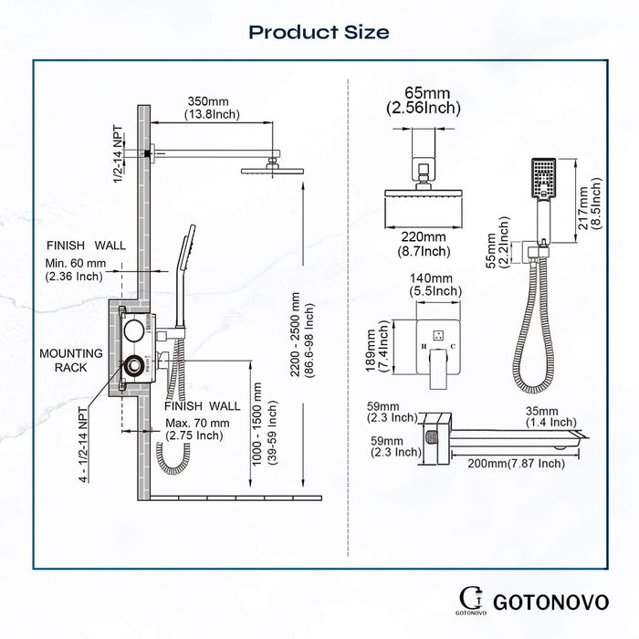 gotonovo Matte Black Shower System 3 Function Mixer Shower Tub Combo Set 9 Inch Wall Mounted Rainfall Shower Head ABS Handheld Shower Bathroom Luxury Rain Rough-in Valve and Trim Kit with Tub Spout