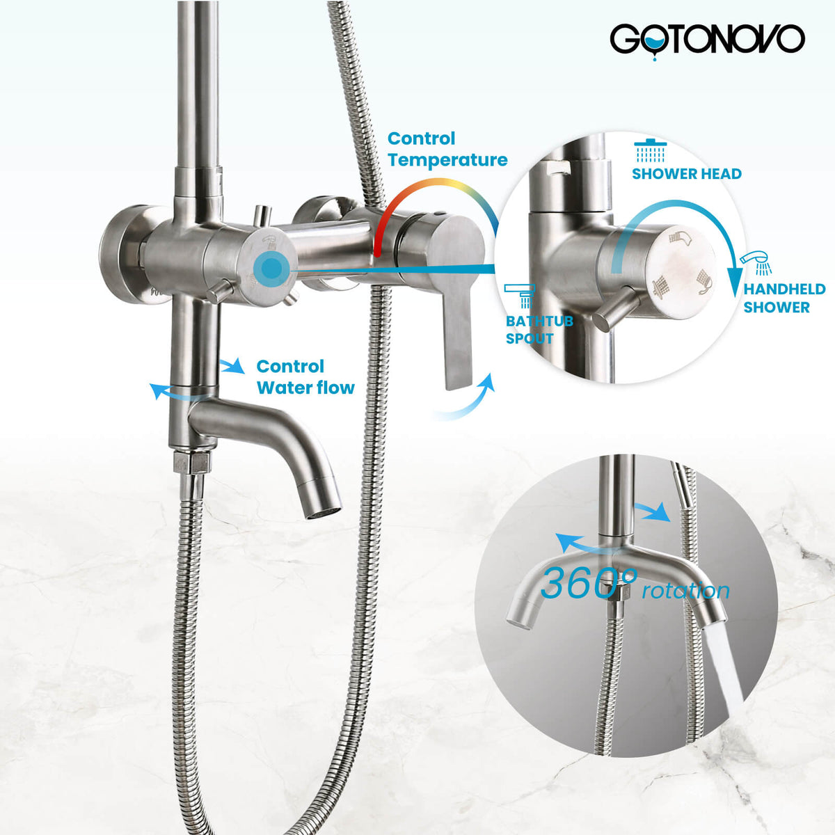 gotonovo Shower Fixture Wall Mount SUS 304 Stainless Steel Triple Func