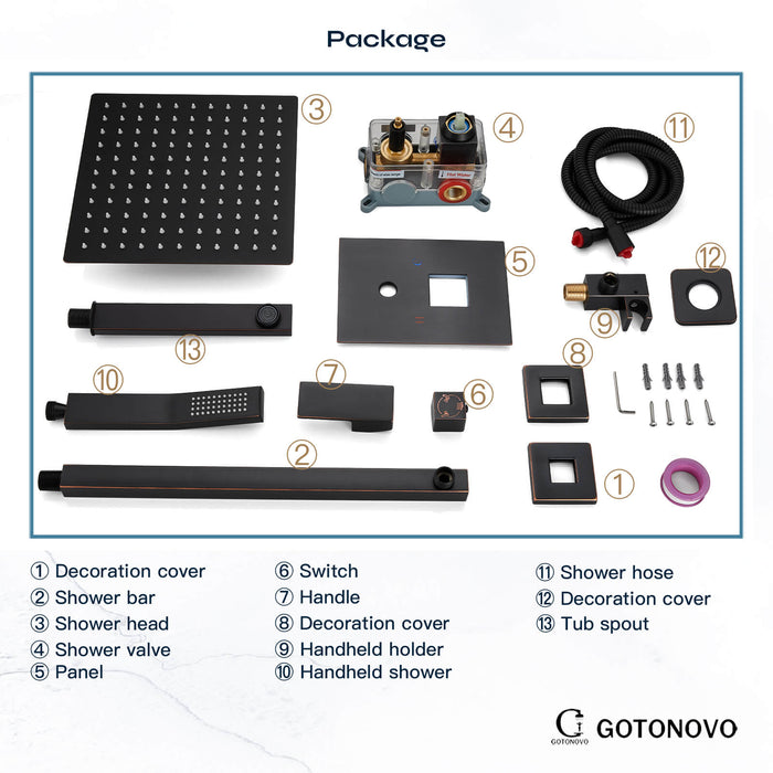 gotonovo Regendouchesysteem met baduitloop Mixer Douchecombinatieset 3 Functies Wandgemonteerde douchekop Handdouche Badkamer Luxe Rain Rough-in ventiellichaam en afwerkingsset 