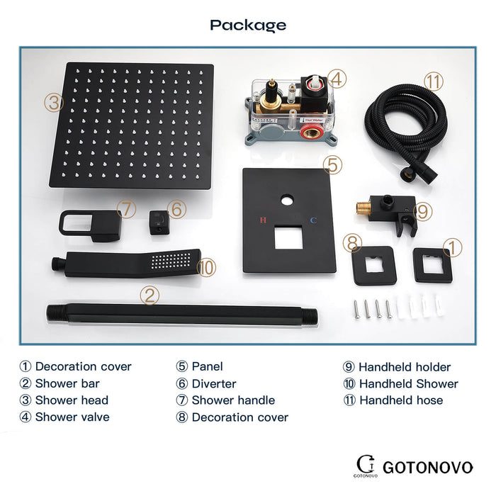 gotonovo regendouchesysteem, plafondmontage, 12 inch douchekop met handsproeier, luxe hogedrukdouchecombinatieset, inbouwkraan en doucherand inbegrepen, dubbele functie 