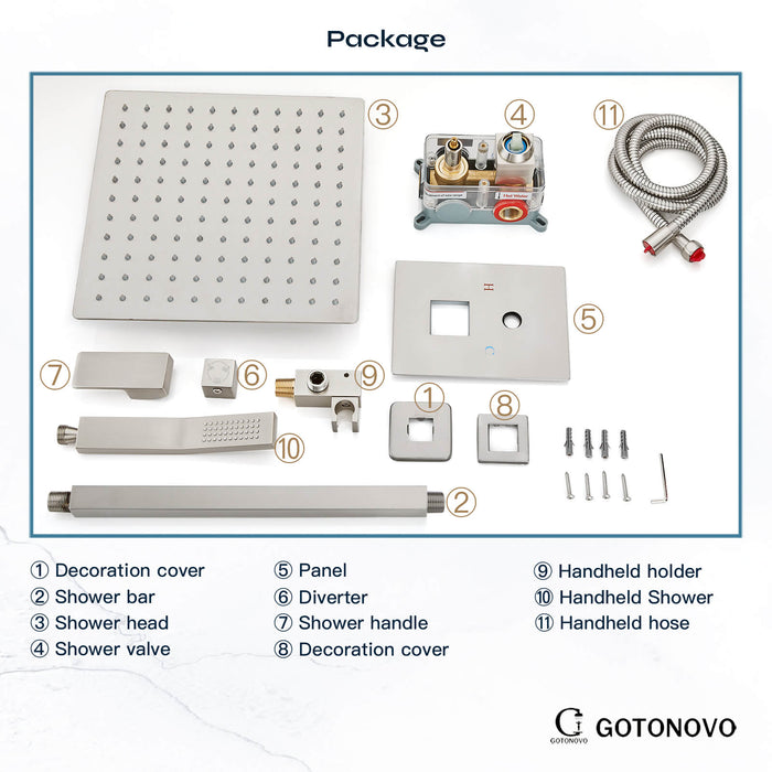 gotonovo regendouchesysteem, plafondmontage, 12 inch douchekop met handsproeier, luxe hogedrukdouchecombinatieset, inbouwkraan en doucherand inbegrepen, dubbele functie 