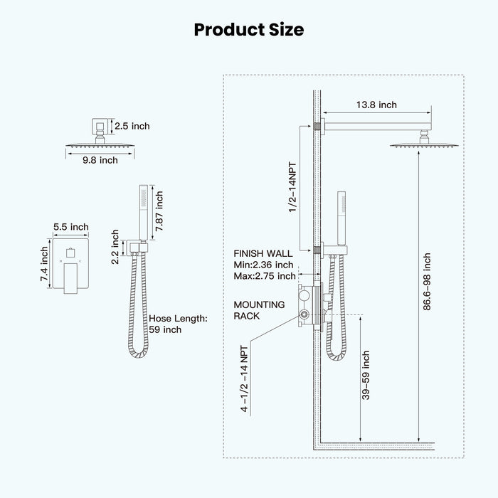 Gotonovo Rainfall Shower System Wall Mount Square Showerhead Shower Trim Kit 2 in 1 Cylindrical Handheld shower with Rough-in Valve