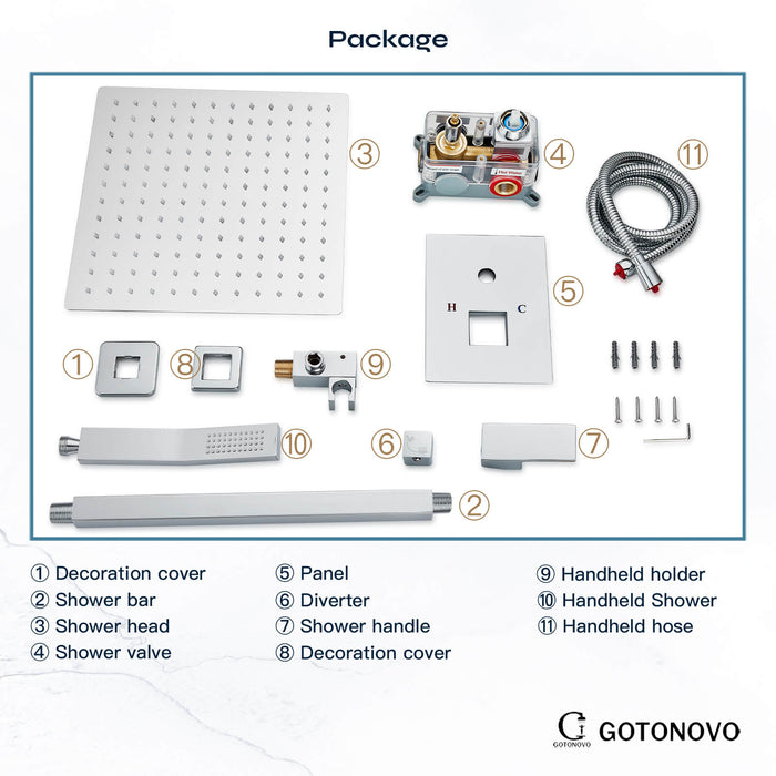 gotonovo regendouchesysteem, plafondmontage, 12 inch douchekop met handsproeier, luxe hogedrukdouchecombinatieset, inbouwkraan en doucherand inbegrepen, dubbele functie 