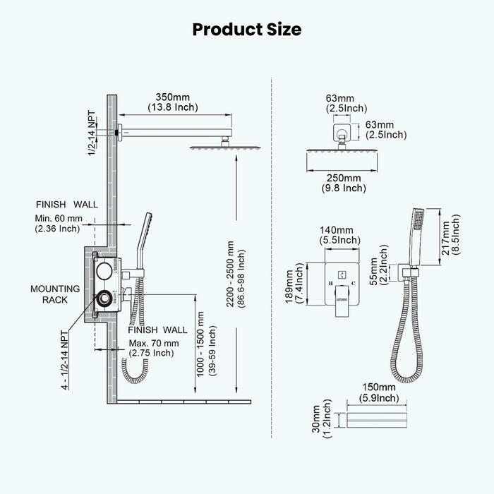 gotonovo Rain Shower Combo Set with Thick Waterfall Tub Spout,Square Rainfall Shower Head with Handheld Spray Wall Mounted Pressure Balance Rough-in Valve and Trim Included