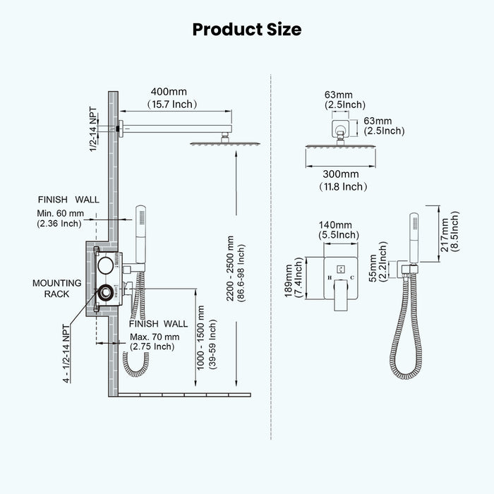 Gotonovo Rainfall Shower System Wall Mount Square Showerhead Shower Trim Kit 2 in 1 Cylindrical Handheld shower with Rough-in Valve