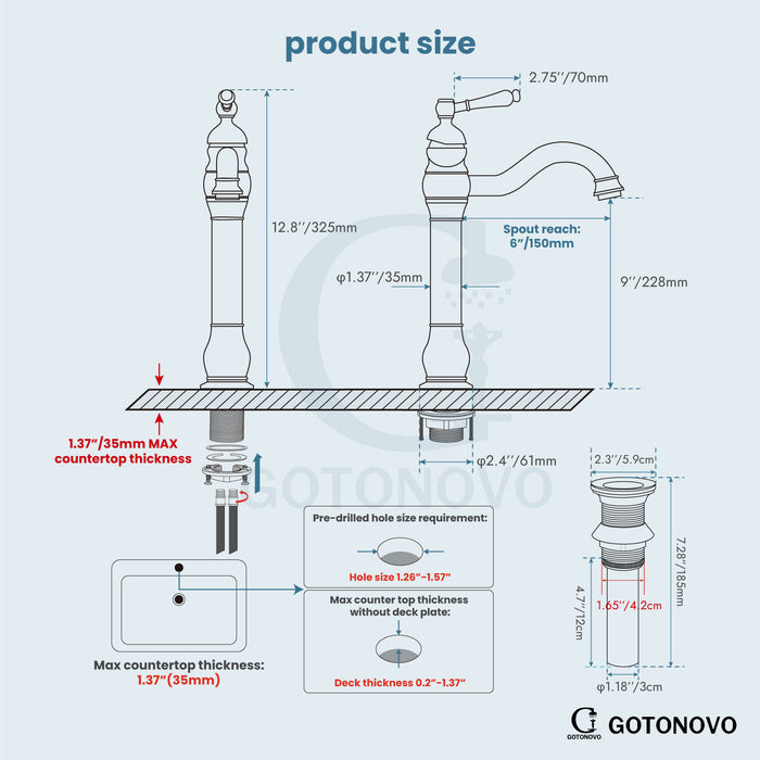 gotonovo Bathroom Vessel Sink Faucet Single Handle Lavatory Vanity Mixer Bar Tap with Pop Up Drain Tall Spout Single Hole Deck Mount