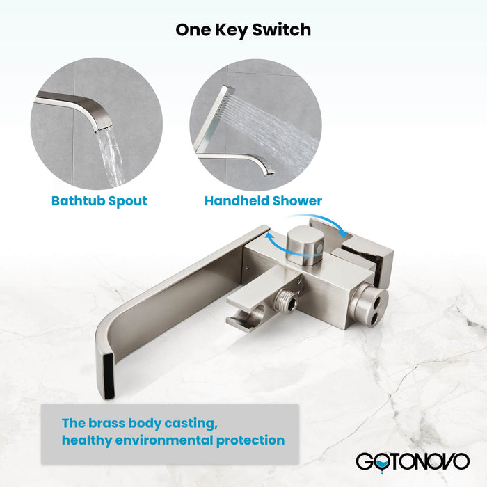 Gotonovo Waterfall Freestanding Bathtub Faucet Floor Mount Tub Filler Single Handle Brass Tap with Hand Shower and 360 Degree Swivel Spout