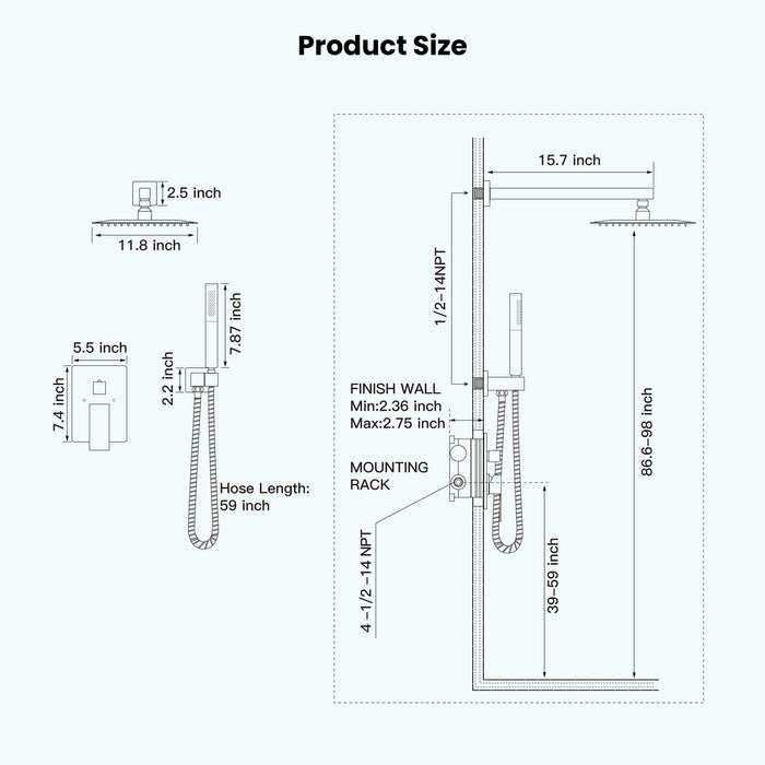 Gotonovo Rainfall Shower System Wall Mount Square Showerhead Shower Trim Kit 2 in 1 Cylindrical Handheld shower with Rough-in Valve