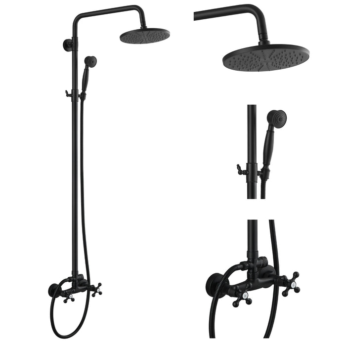 gotonovo Matte Black Outdoor Shower Fixture Set 2-Function 8 Inch Rainfall Shower Head with Handheld Spray with 2 Double Knobs Bathroom Shower System Wall Mount